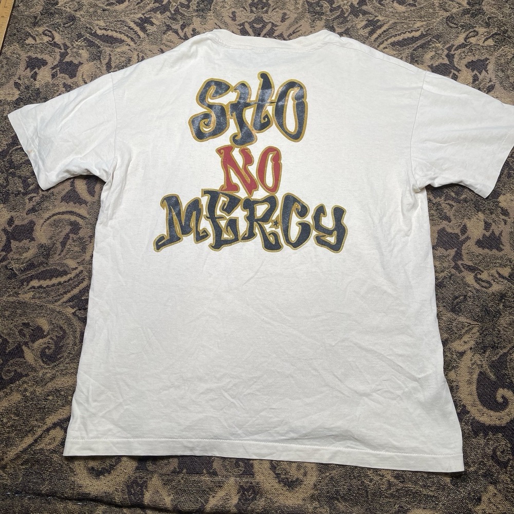 Vtg 90s Sho No Mercy Punk Double Sided Shirt Mens Size XL Distressed Beige